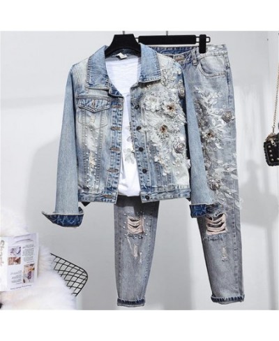 spring autumn new fashion women heavy work beaded embroidery long-sleeved denim jacket + hole beading jeans two piece sets $8...