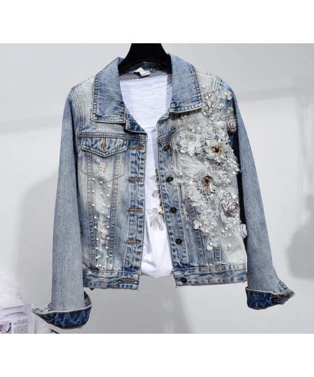 spring autumn new fashion women heavy work beaded embroidery long-sleeved denim jacket + hole beading jeans two piece sets $8...