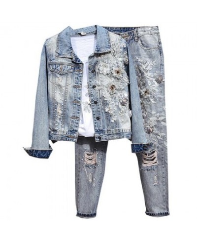 spring autumn new fashion women heavy work beaded embroidery long-sleeved denim jacket + hole beading jeans two piece sets $8...