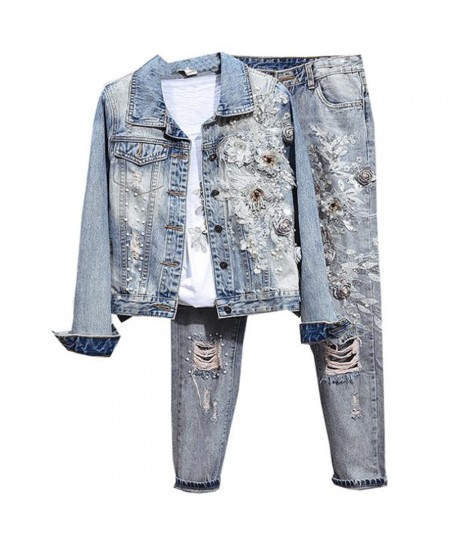 spring autumn new fashion women heavy work beaded embroidery long-sleeved denim jacket + hole beading jeans two piece sets $8...