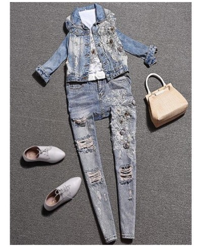 spring autumn new fashion women heavy work beaded embroidery long-sleeved denim jacket + hole beading jeans two piece sets $8...