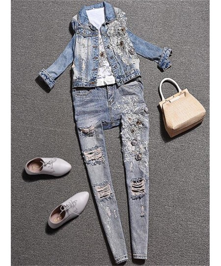 spring autumn new fashion women heavy work beaded embroidery long-sleeved denim jacket + hole beading jeans two piece sets $8...