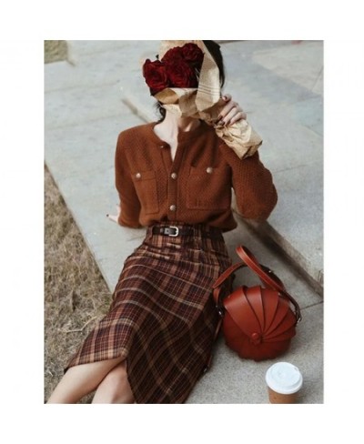 French Vintage 2pcs Set Brown Single-Breasted Cardigan Knitted Sweater +High Waist Plaid Split Hip Long Skirt Women Elegant $...