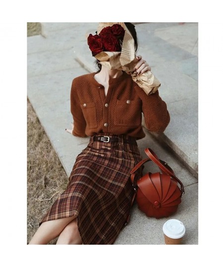 French Vintage 2pcs Set Brown Single-Breasted Cardigan Knitted Sweater +High Waist Plaid Split Hip Long Skirt Women Elegant $...