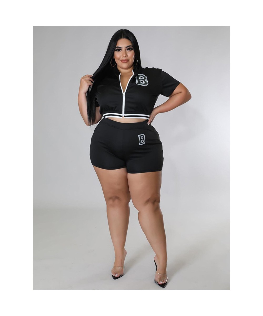 Plus Size Sweatsuits Women's Costumes 2022 Letter B Print Short Sleeve Zipper Up Jackets and High Waist Skinny Shorts $44.44 ...