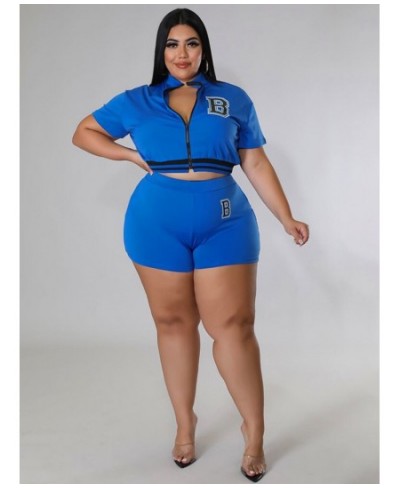 Plus Size Sweatsuits Women's Costumes 2022 Letter B Print Short Sleeve Zipper Up Jackets and High Waist Skinny Shorts $44.44 ...