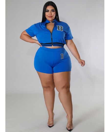 Plus Size Sweatsuits Women's Costumes 2022 Letter B Print Short Sleeve Zipper Up Jackets and High Waist Skinny Shorts $44.44 ...