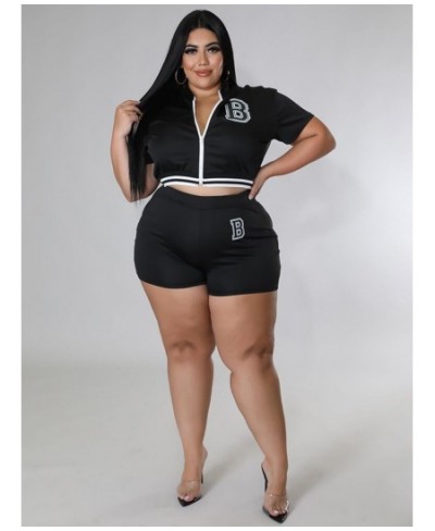 Plus Size Sweatsuits Women's Costumes 2022 Letter B Print Short Sleeve Zipper Up Jackets and High Waist Skinny Shorts $44.44 ...