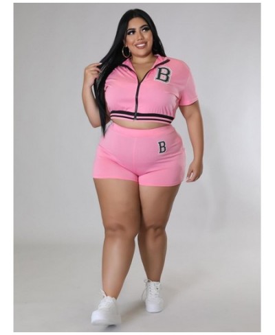 Plus Size Sweatsuits Women's Costumes 2022 Letter B Print Short Sleeve Zipper Up Jackets and High Waist Skinny Shorts $44.44 ...