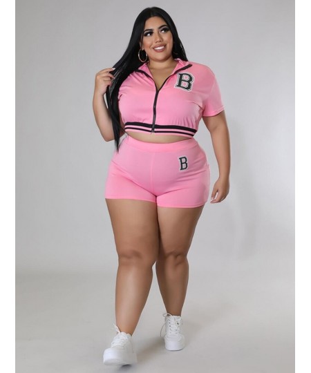 Plus Size Sweatsuits Women's Costumes 2022 Letter B Print Short Sleeve Zipper Up Jackets and High Waist Skinny Shorts $44.44 ...