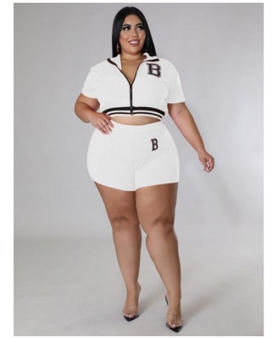 Plus Size Sweatsuits Women's Costumes 2022 Letter B Print Short Sleeve Zipper Up Jackets and High Waist Skinny Shorts $44.44 ...