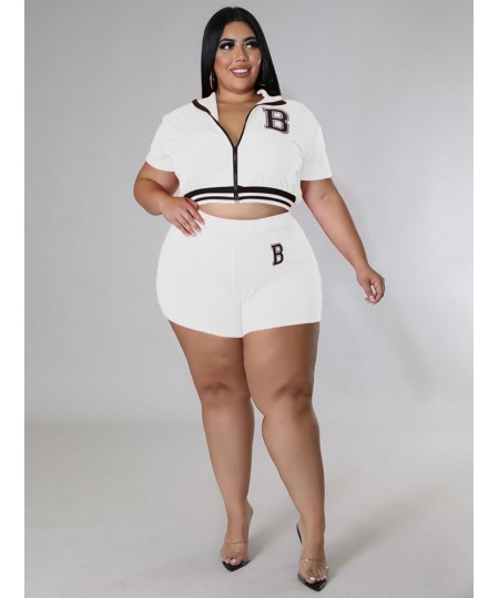 Plus Size Sweatsuits Women's Costumes 2022 Letter B Print Short Sleeve Zipper Up Jackets and High Waist Skinny Shorts $44.44 ...