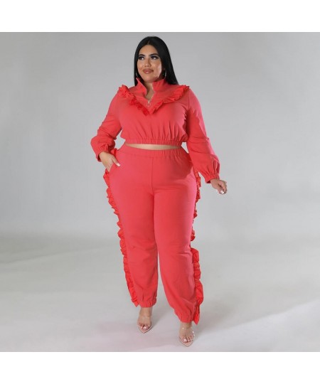 Plus Size Women Sets Ruffle V Neck Tops And Pants 2022 Fall Two Piece Sets Female Designer Luxury Cloth Fashion Casual Outfit...