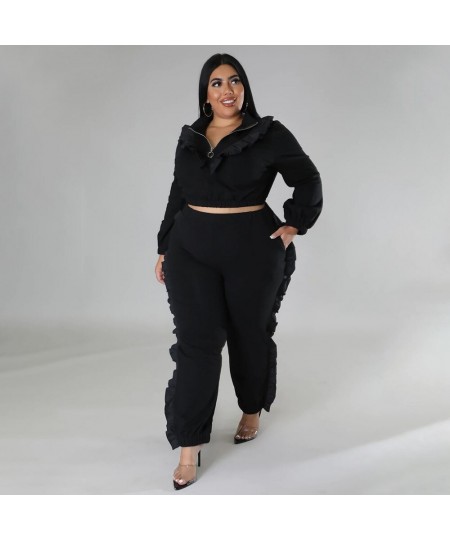 Plus Size Women Sets Ruffle V Neck Tops And Pants 2022 Fall Two Piece Sets Female Designer Luxury Cloth Fashion Casual Outfit...