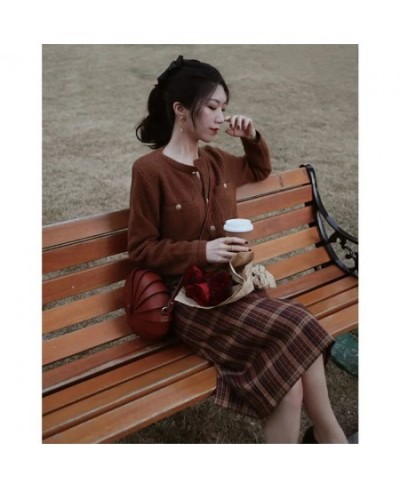 French Vintage 2pcs Set Brown Single-Breasted Cardigan Knitted Sweater +High Waist Plaid Split Hip Long Skirt Women Elegant $...