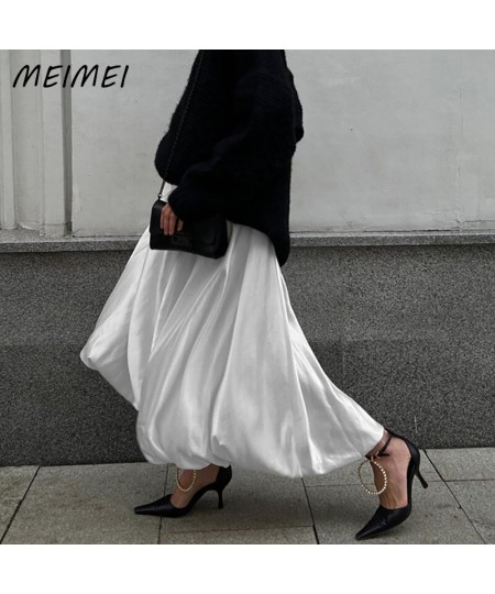 Elegant White Satin High Waist A-line Pompon Skirts for Women Office Lady Solid Color Sinple Chic Skirt Casual Loose Y2k Skir...