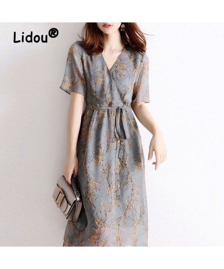 Chiffon Women Spring Summer V-neck Elegant French Vintage Print Bandage Dresses Casual Bohemian Midi Slim Dress Vestidos Fema...