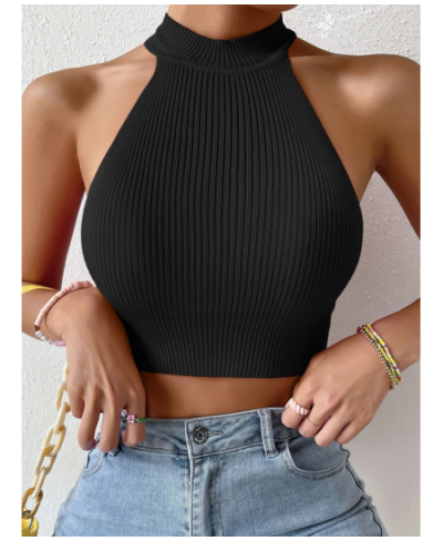 Summer Women Basics Solid Casual Ribbed Knit Sleeveless Corset Halter Crossfit Crop Top Y2k Clothes Femme Stretch Sweater Tan...