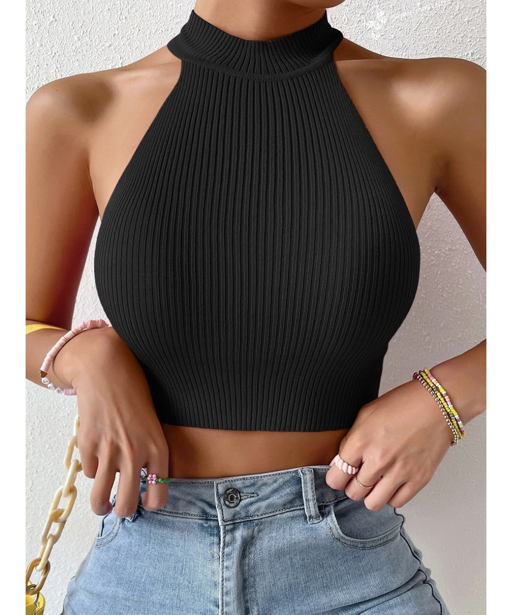 Summer Women Basics Solid Casual Ribbed Knit Sleeveless Corset Halter Crossfit Crop Top Y2k Clothes Femme Stretch Sweater Tan...