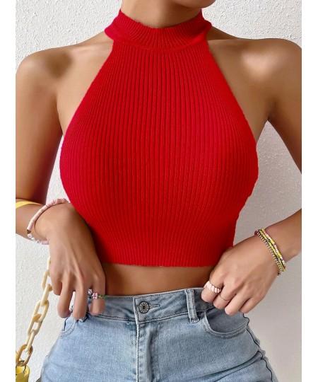 Summer Women Basics Solid Casual Ribbed Knit Sleeveless Corset Halter Crossfit Crop Top Y2k Clothes Femme Stretch Sweater Tan...