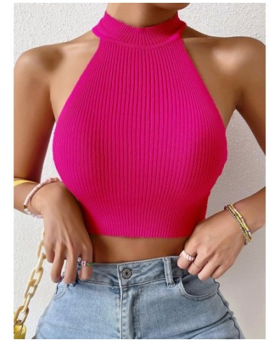 Summer Women Basics Solid Casual Ribbed Knit Sleeveless Corset Halter Crossfit Crop Top Y2k Clothes Femme Stretch Sweater Tan...