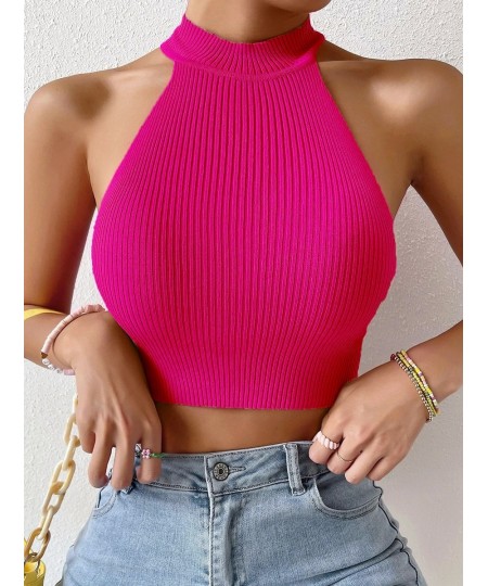 Summer Women Basics Solid Casual Ribbed Knit Sleeveless Corset Halter Crossfit Crop Top Y2k Clothes Femme Stretch Sweater Tan...