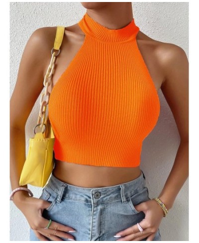 Summer Women Basics Solid Casual Ribbed Knit Sleeveless Corset Halter Crossfit Crop Top Y2k Clothes Femme Stretch Sweater Tan...