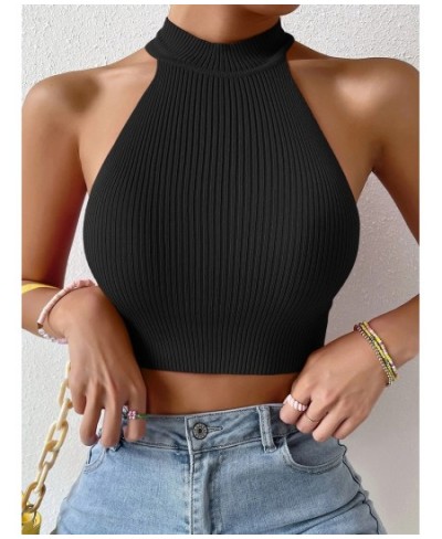 Summer Women Basics Solid Casual Ribbed Knit Sleeveless Corset Halter Crossfit Crop Top Y2k Clothes Femme Stretch Sweater Tan...