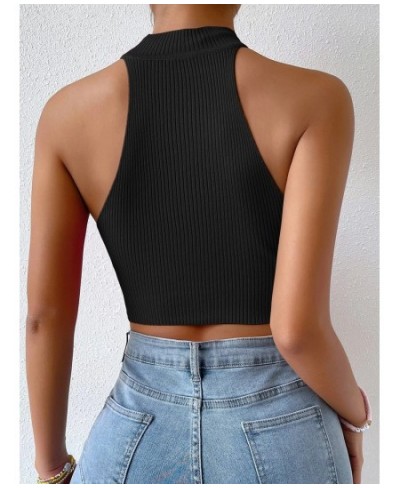 Summer Women Basics Solid Casual Ribbed Knit Sleeveless Corset Halter Crossfit Crop Top Y2k Clothes Femme Stretch Sweater Tan...