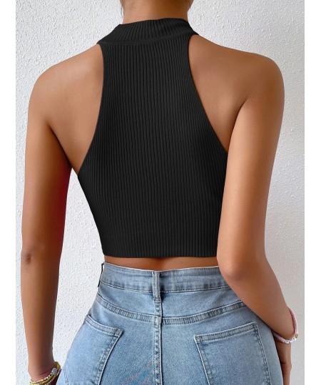 Summer Women Basics Solid Casual Ribbed Knit Sleeveless Corset Halter Crossfit Crop Top Y2k Clothes Femme Stretch Sweater Tan...