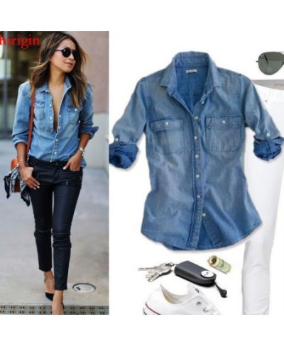 women fashion blue denim shirts women girls autumn casual long sleeve solid blue two pockets cotton blend tops $34.82 - Women...