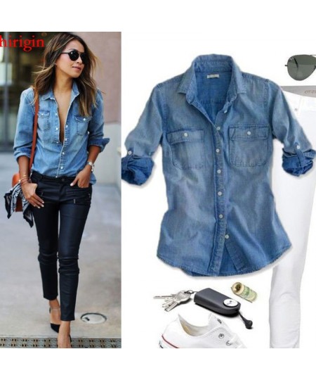 women fashion blue denim shirts women girls autumn casual long sleeve solid blue two pockets cotton blend tops $34.82 - Women...