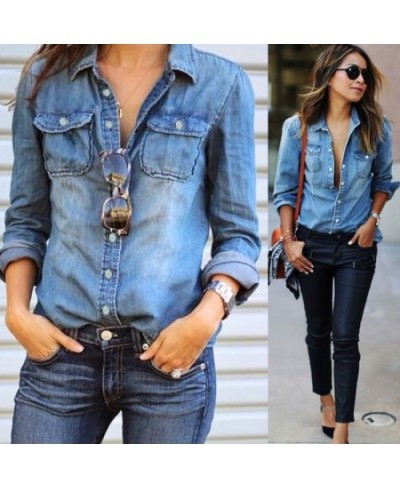 women fashion blue denim shirts women girls autumn casual long sleeve solid blue two pockets cotton blend tops $34.82 - Women...