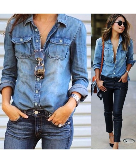 women fashion blue denim shirts women girls autumn casual long sleeve solid blue two pockets cotton blend tops $34.82 - Women...