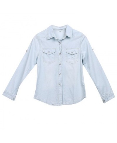 women fashion blue denim shirts women girls autumn casual long sleeve solid blue two pockets cotton blend tops $34.82 - Women...