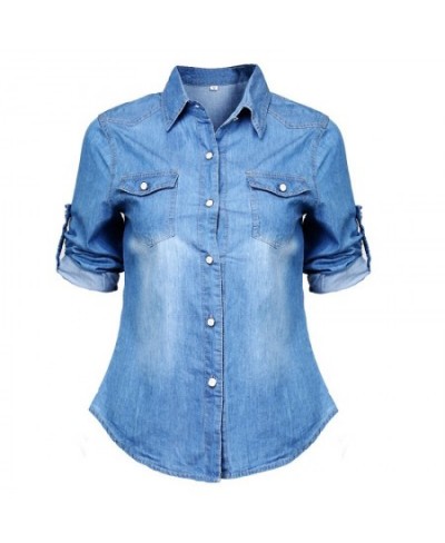 women fashion blue denim shirts women girls autumn casual long sleeve solid blue two pockets cotton blend tops $34.82 - Women...