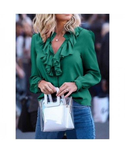 Chiffon Ruffle Blouse Tops 2023 New Summer Women V Neck Long Lantern Sleeve Solid Pullover Loose Blouse Shirts Office Lady $3...