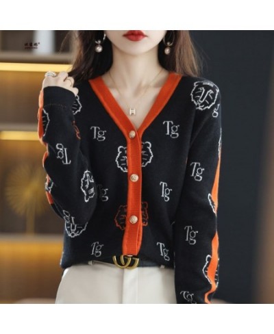 Women's Knitwear Fall/Winter V-neck Cardigan Casual Knit Thin Embroidered Top Tiger Pattern Fashion Worsted Wool Jacket $55.6...