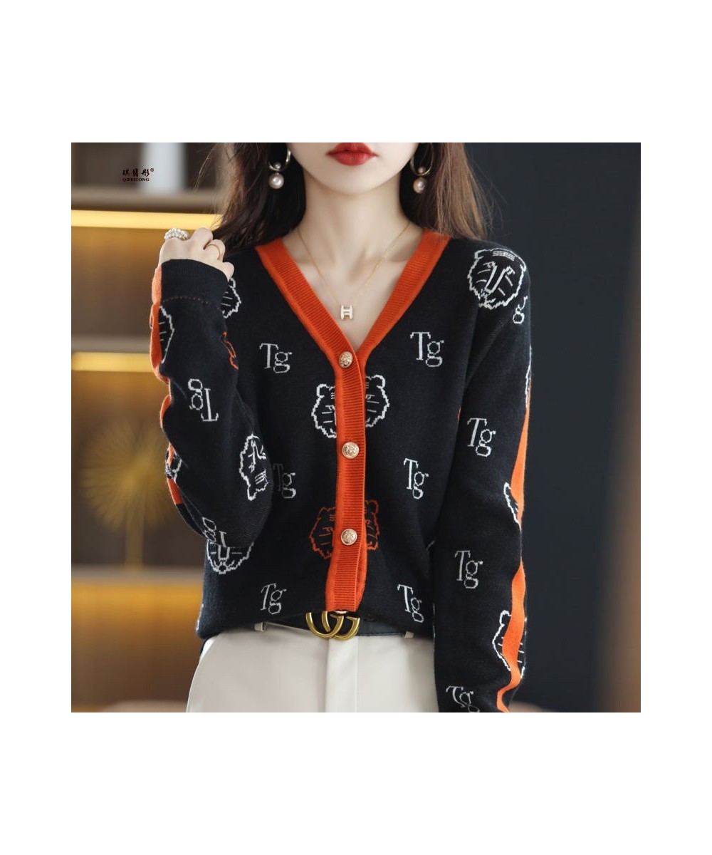 Women's Knitwear Fall/Winter V-neck Cardigan Casual Knit Thin Embroidered Top Tiger Pattern Fashion Worsted Wool Jacket $55.6...