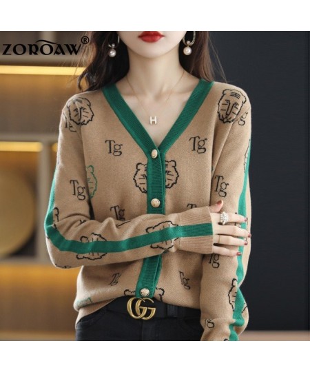 Women's Knitwear Fall/Winter V-neck Cardigan Casual Knit Thin Embroidered Top Tiger Pattern Fashion Worsted Wool Jacket $55.6...