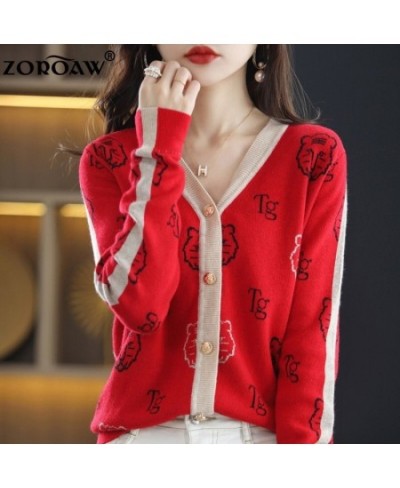 Women's Knitwear Fall/Winter V-neck Cardigan Casual Knit Thin Embroidered Top Tiger Pattern Fashion Worsted Wool Jacket $55.6...