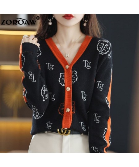 Women's Knitwear Fall/Winter V-neck Cardigan Casual Knit Thin Embroidered Top Tiger Pattern Fashion Worsted Wool Jacket $55.6...