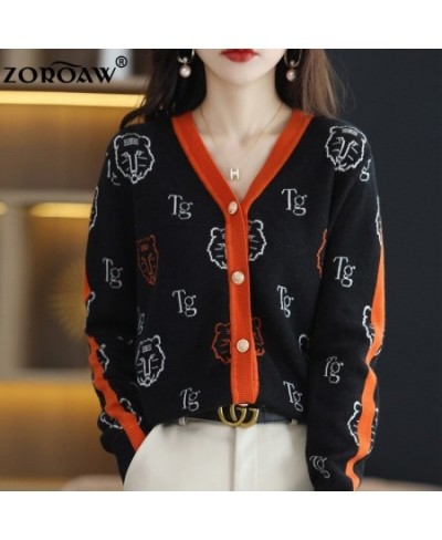 Women's Knitwear Fall/Winter V-neck Cardigan Casual Knit Thin Embroidered Top Tiger Pattern Fashion Worsted Wool Jacket $55.6...