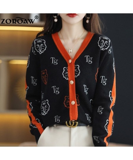 Women's Knitwear Fall/Winter V-neck Cardigan Casual Knit Thin Embroidered Top Tiger Pattern Fashion Worsted Wool Jacket $55.6...