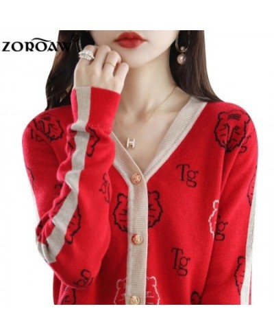 Women's Knitwear Fall/Winter V-neck Cardigan Casual Knit Thin Embroidered Top Tiger Pattern Fashion Worsted Wool Jacket $55.6...