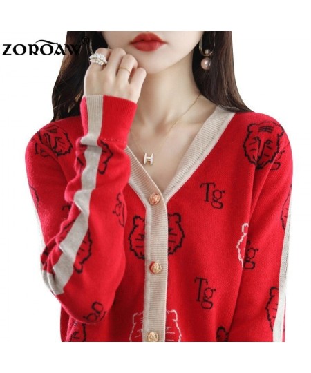 Women's Knitwear Fall/Winter V-neck Cardigan Casual Knit Thin Embroidered Top Tiger Pattern Fashion Worsted Wool Jacket $55.6...