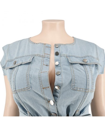 Plus Size Large Women's Summer Fashion New Wash Denim Casual Bodysuit Round Neck Sleeveless Lace Up Button Solid Color Bodysu...