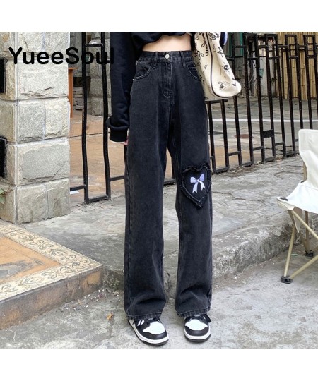 Bow Print Black Women Jeans High Waist Loose Straight Pants 2022 New Spring Hip Hop Y2K Cute Sweet Female Jean Streetwear $33...