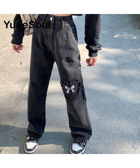 Bow Print Black Women Jeans High Waist Loose Straight Pants 2022 New Spring Hip Hop Y2K Cute Sweet Female Jean Streetwear $33...