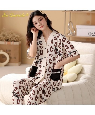 Fashion Summer Pajamas Women Thin Homesuit Short Sleeved Long Pants Cotton Kawaii Bear Printing Sleepwear Cardigan Nightwear ...